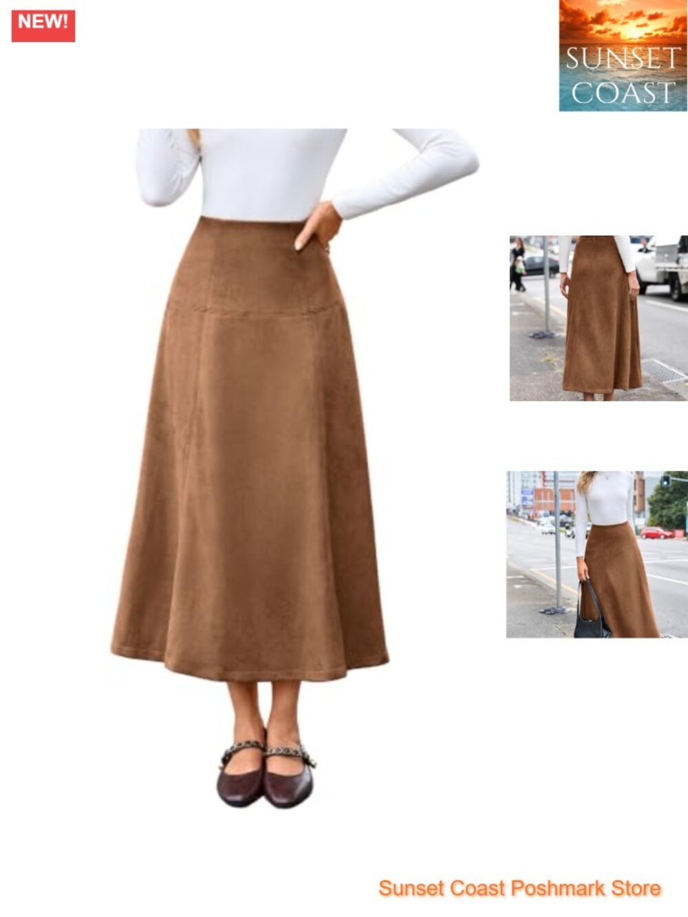 Faux Suede Midi Skirt High Waist A Line Fall Winter